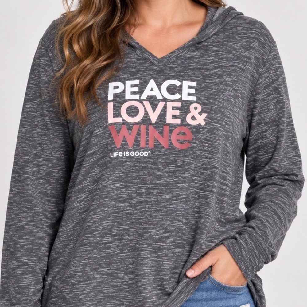 Life is Good Women Large Peace Love Wine Hooded Shirt Gray Long Sleeve Graphic